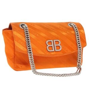 NEW Auth Balenciaga B Bag Satin Jacquard logo ribbon Orange Shoulder Bag COA